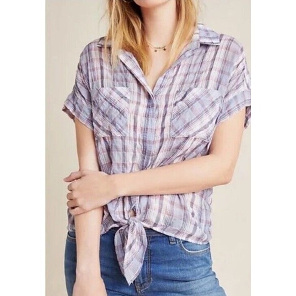 Anthropologie Cloth‎ & Stone Aliya Tie Waist Crop Blouse Purple Plaid Petite L - Picture 1 of 5